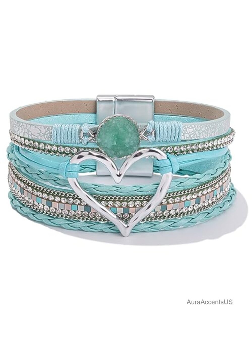 Faux Leather Boho Wrap Bracelet Magnetic Clasp Heart CZ